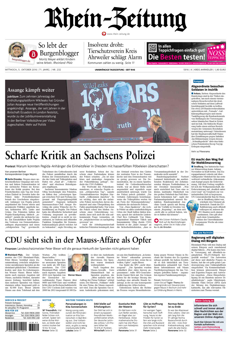Rhein-Zeitung Kreis Ahrweiler vom Mittwoch, 05.10.2016