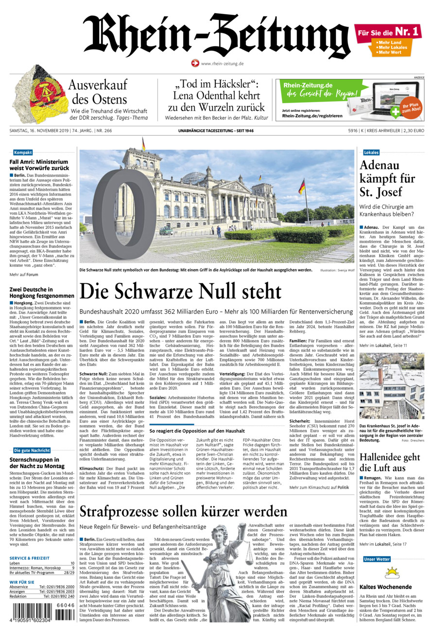 Rhein-Zeitung Kreis Ahrweiler vom Samstag, 16.11.2019