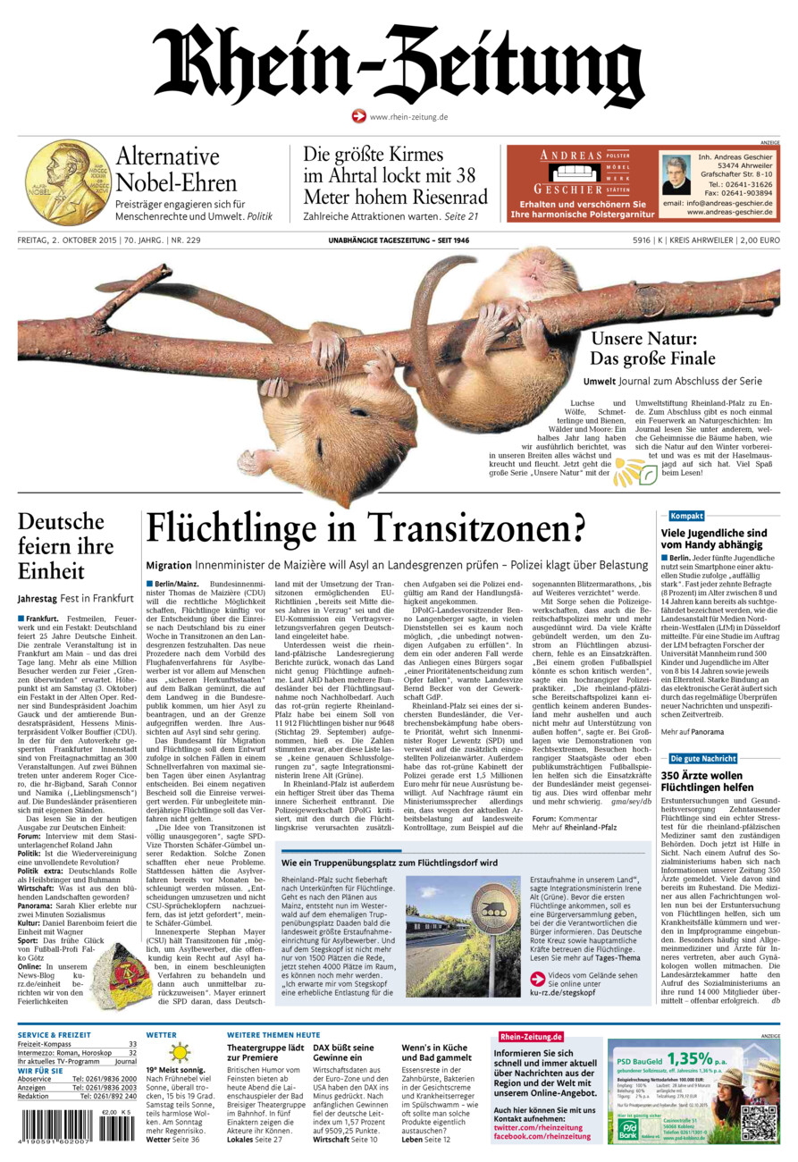 Rhein-Zeitung Kreis Ahrweiler vom Freitag, 02.10.2015