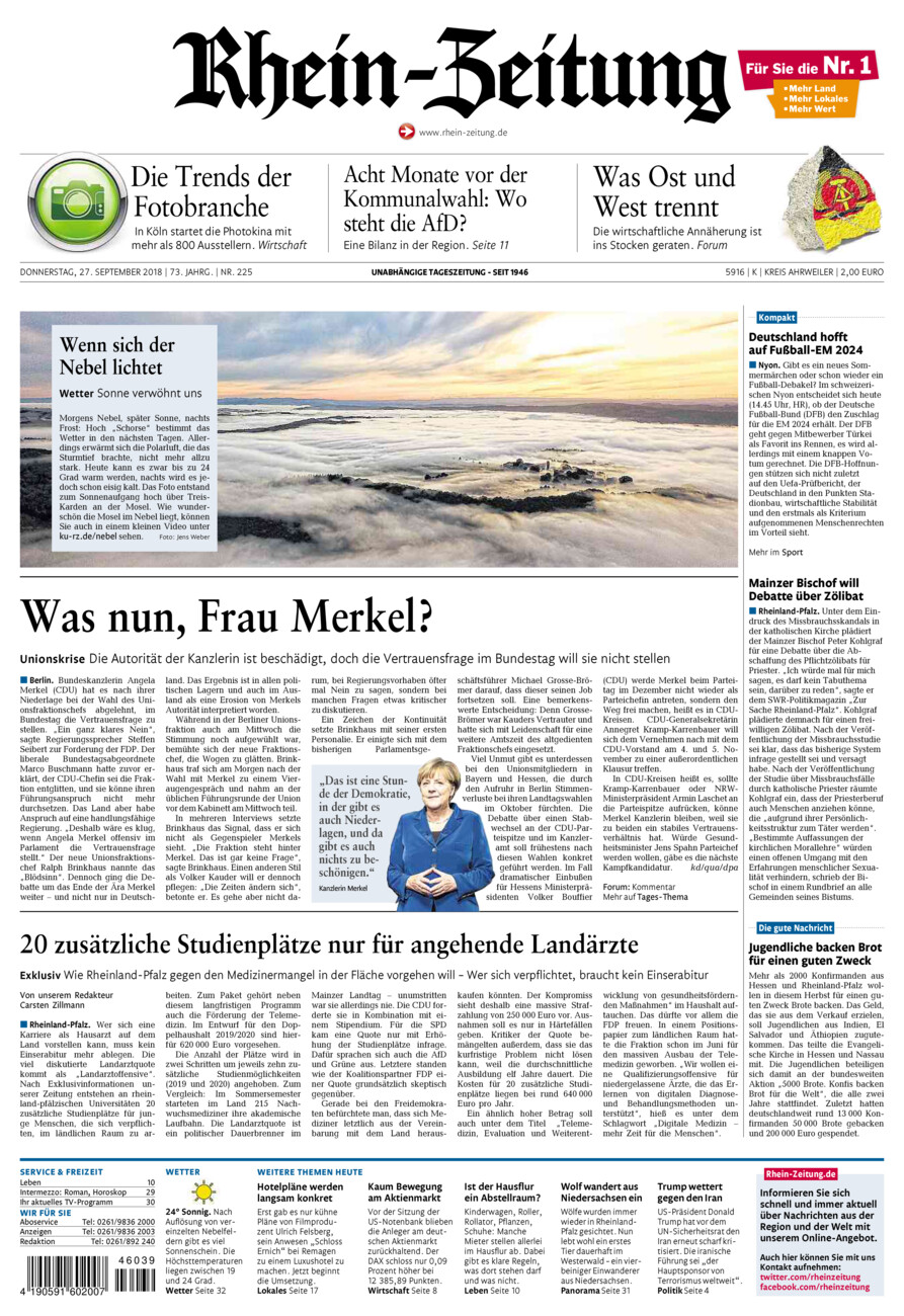 Rhein-Zeitung Kreis Ahrweiler vom Donnerstag, 27.09.2018