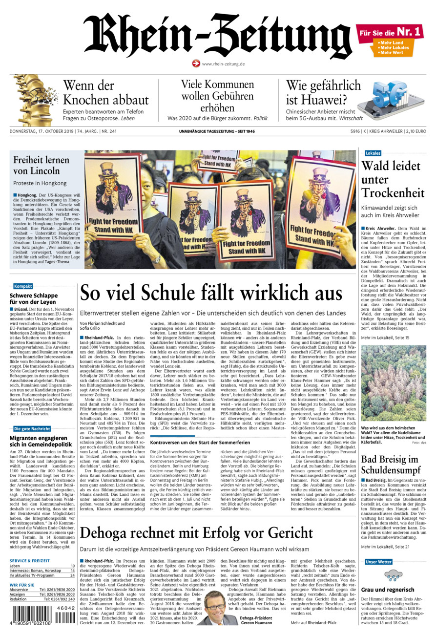 Rhein-Zeitung Kreis Ahrweiler vom Donnerstag, 17.10.2019
