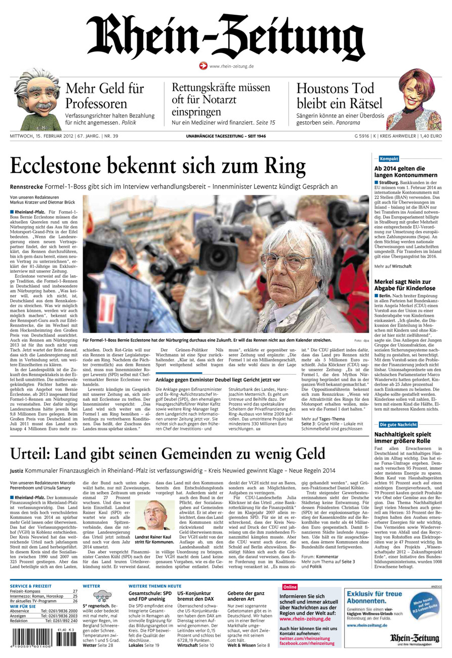 Rhein-Zeitung Kreis Ahrweiler vom Mittwoch, 15.02.2012