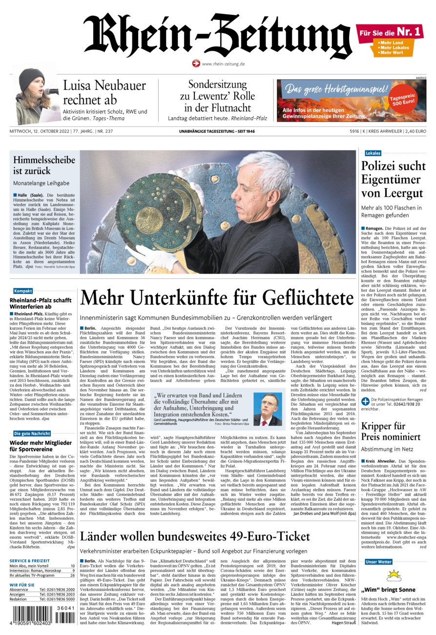 Rhein-Zeitung Kreis Ahrweiler vom Mittwoch, 12.10.2022