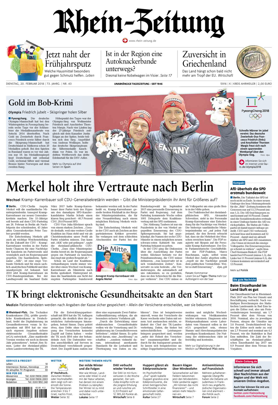 Rhein-Zeitung Kreis Ahrweiler vom Dienstag, 20.02.2018