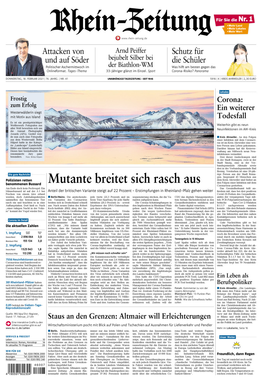 Rhein-Zeitung Kreis Ahrweiler vom Donnerstag, 18.02.2021