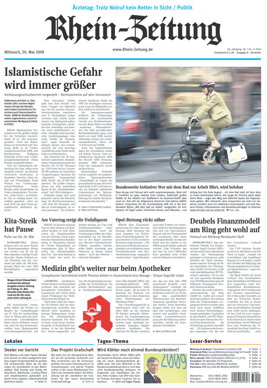 Rhein-Zeitung Kreis Ahrweiler vom Mittwoch, 20.05.2009