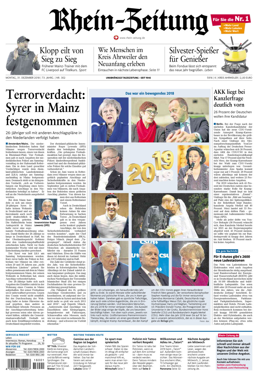 Rhein-Zeitung Kreis Ahrweiler vom Montag, 31.12.2018