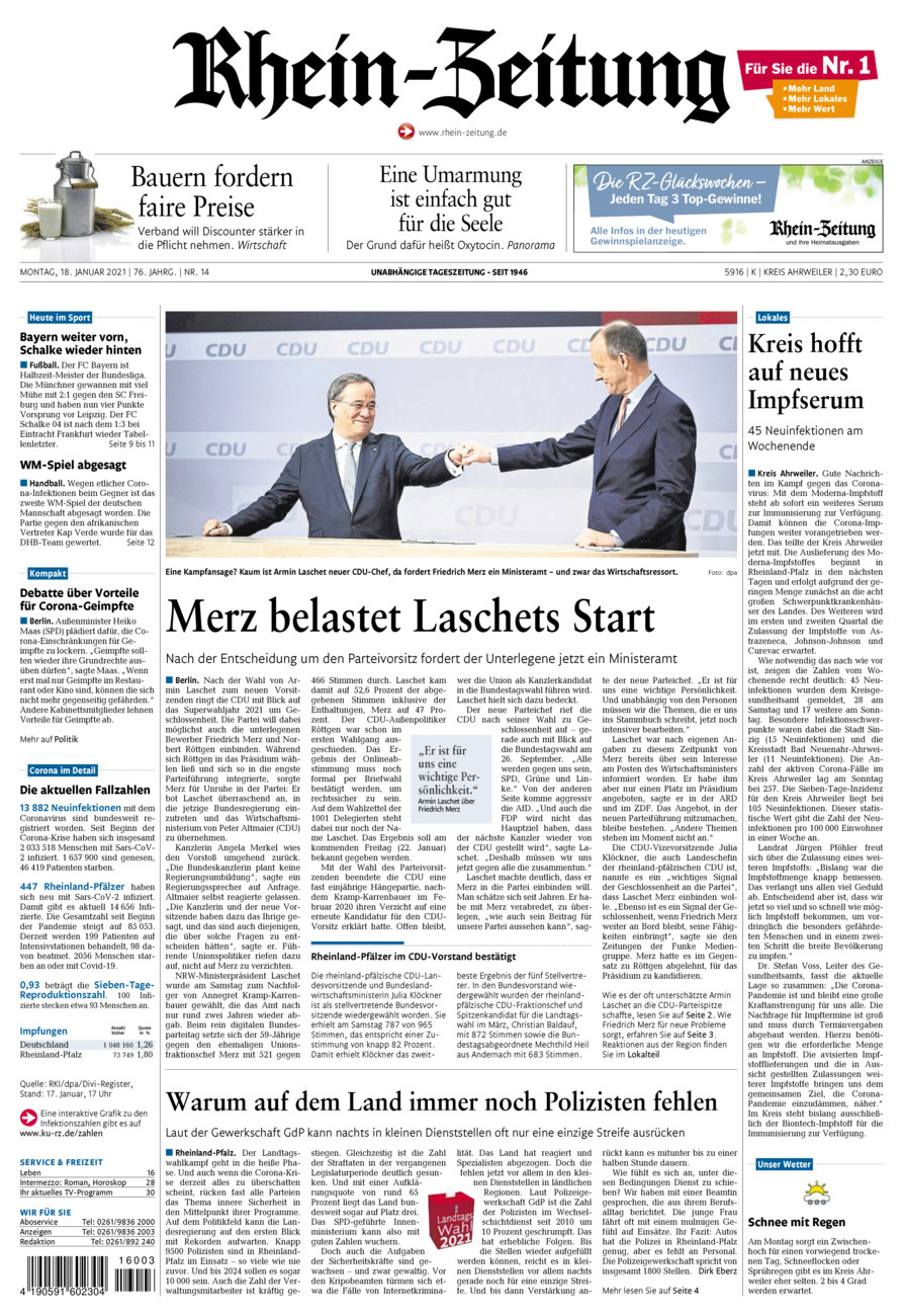 Rhein-Zeitung Kreis Ahrweiler vom Montag, 18.01.2021