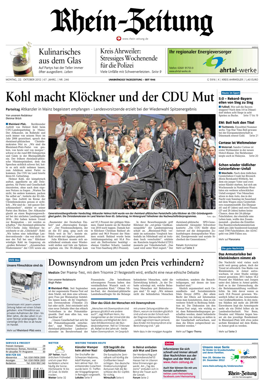 Rhein-Zeitung Kreis Ahrweiler vom Montag, 22.10.2012
