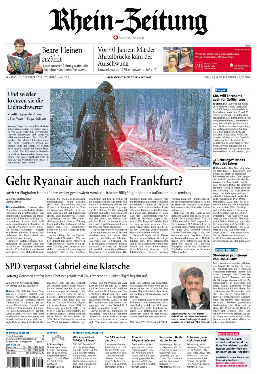 Rhein-Zeitung Kreis Ahrweiler vom Samstag, 12.12.2015