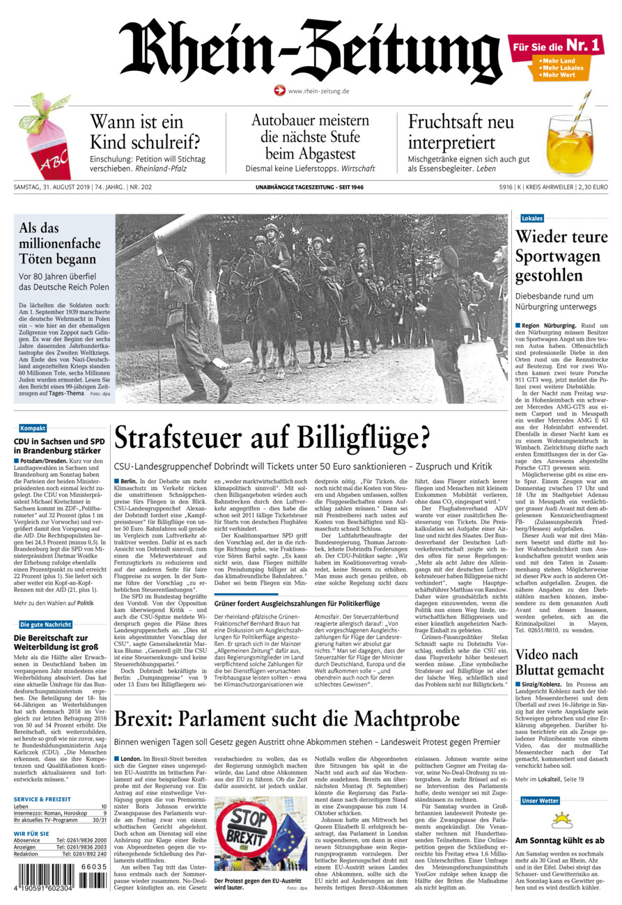Rhein-Zeitung Kreis Ahrweiler vom Samstag, 31.08.2019