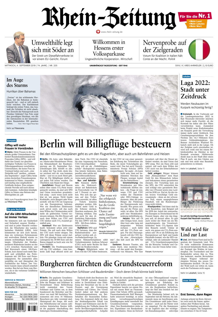 Rhein-Zeitung Kreis Ahrweiler vom Mittwoch, 04.09.2019