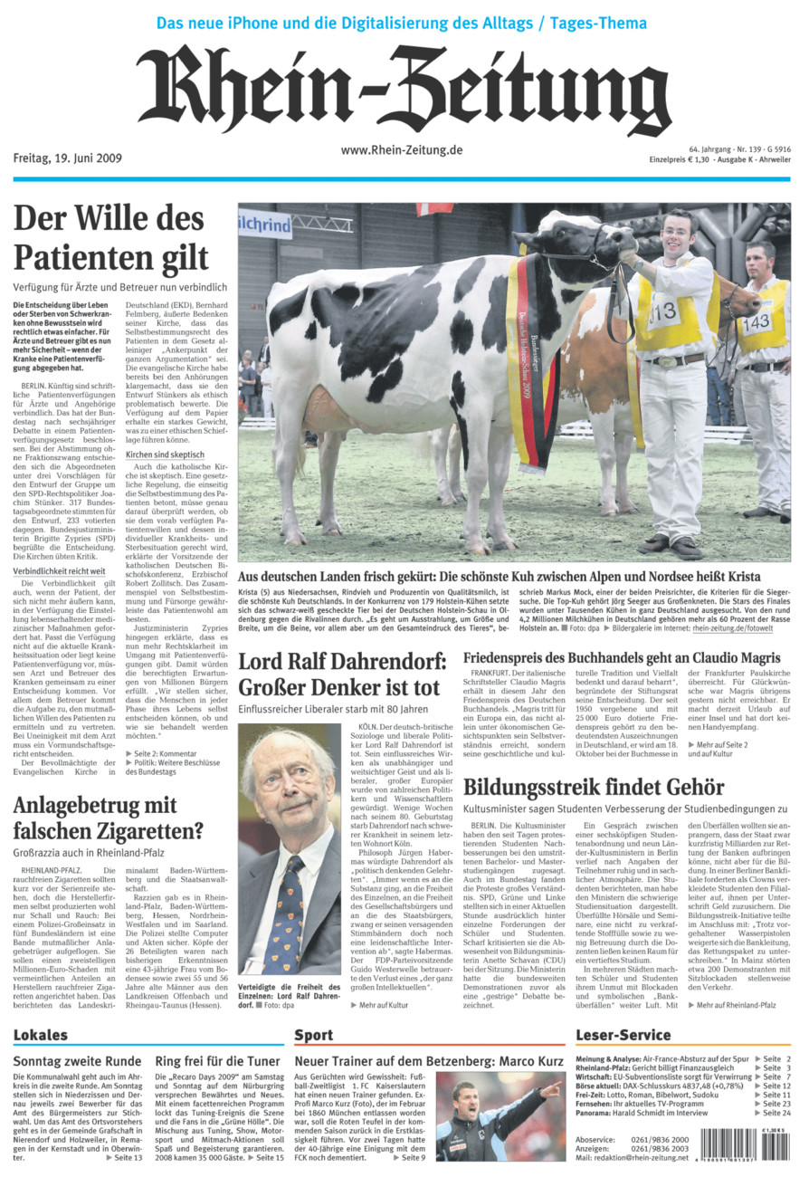 Rhein-Zeitung Kreis Ahrweiler vom Freitag, 19.06.2009