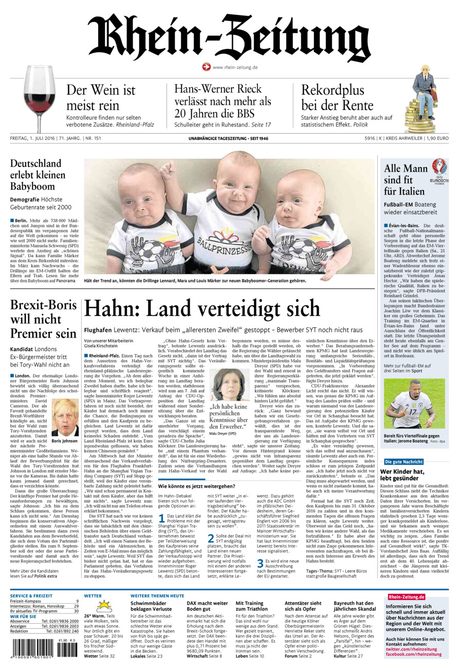 Rhein-Zeitung Kreis Ahrweiler vom Freitag, 01.07.2016