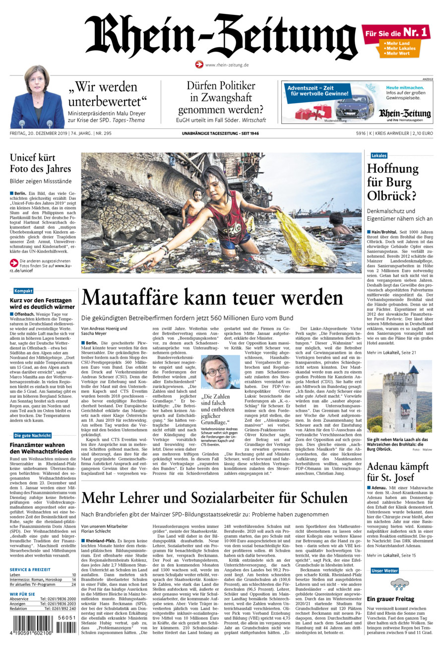 Rhein-Zeitung Kreis Ahrweiler vom Freitag, 20.12.2019