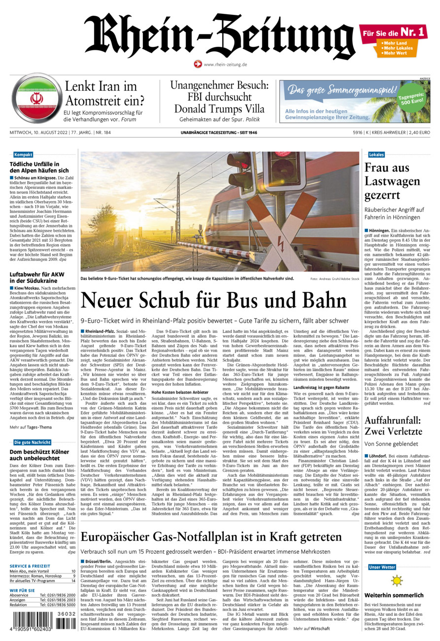 Rhein-Zeitung Kreis Ahrweiler vom Mittwoch, 10.08.2022