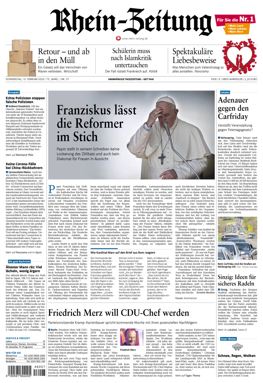 Rhein-Zeitung Kreis Ahrweiler vom Donnerstag, 13.02.2020