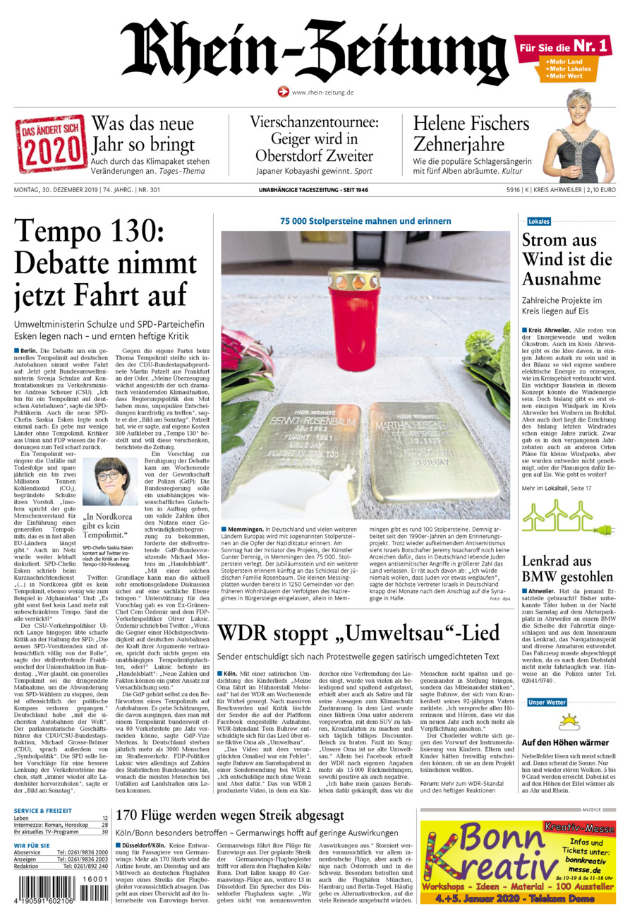 Rhein-Zeitung Kreis Ahrweiler vom Montag, 30.12.2019