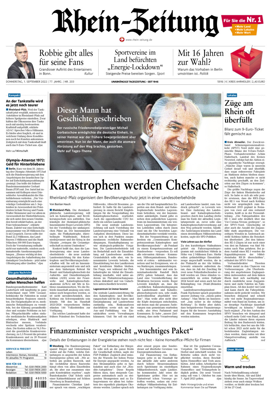 Rhein-Zeitung Kreis Ahrweiler vom Donnerstag, 01.09.2022