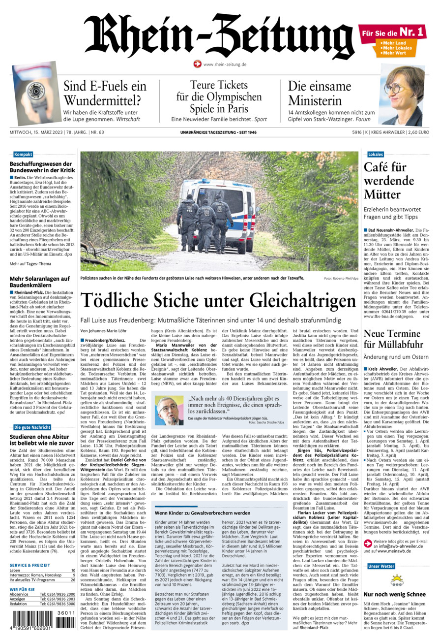 Rhein-Zeitung Kreis Ahrweiler vom Mittwoch, 15.03.2023