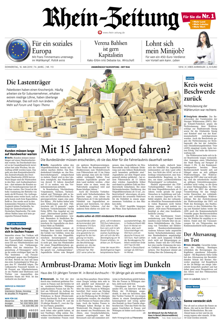 Rhein-Zeitung Kreis Ahrweiler vom Donnerstag, 16.05.2019