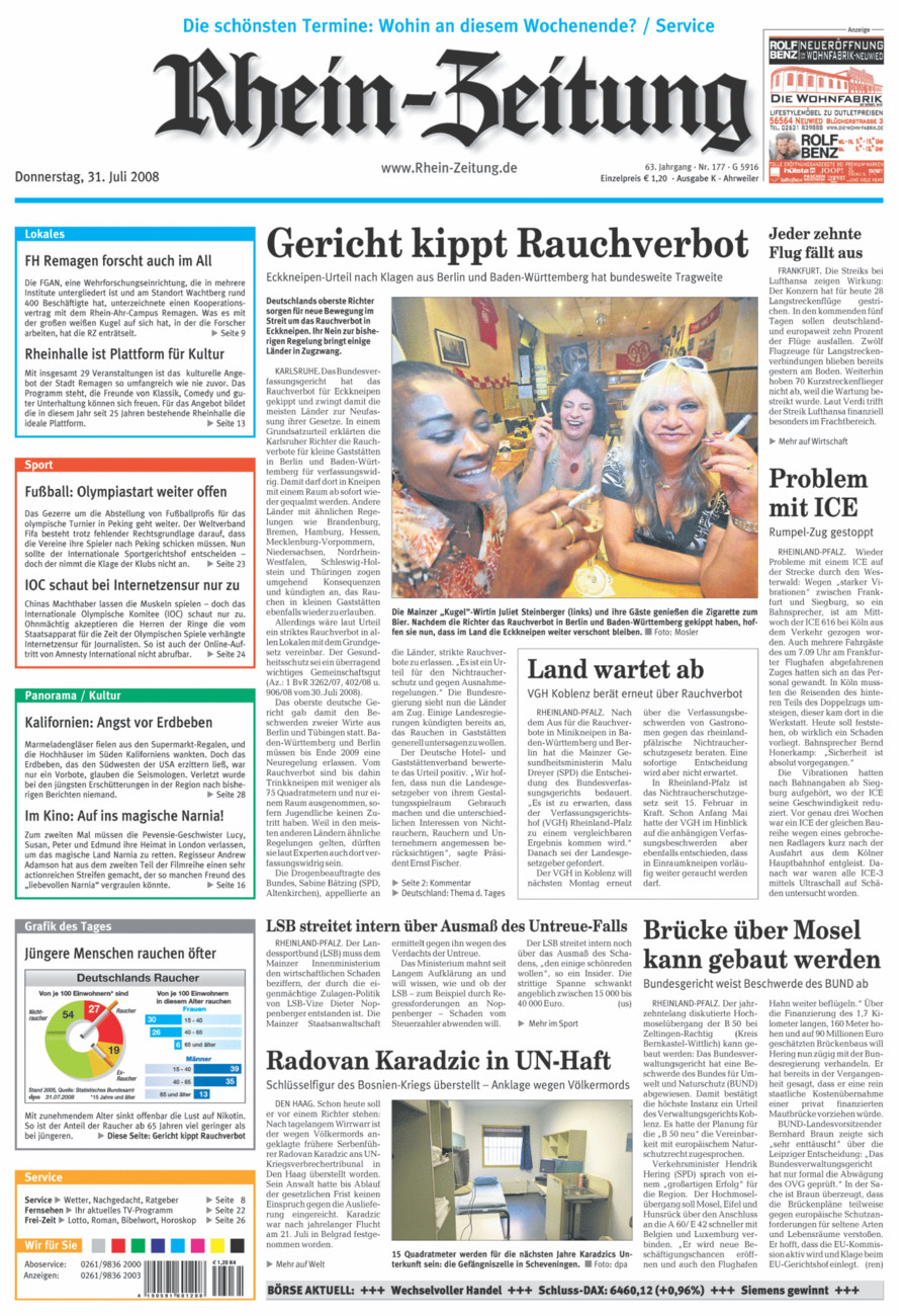 Rhein-Zeitung Kreis Ahrweiler vom Donnerstag, 31.07.2008