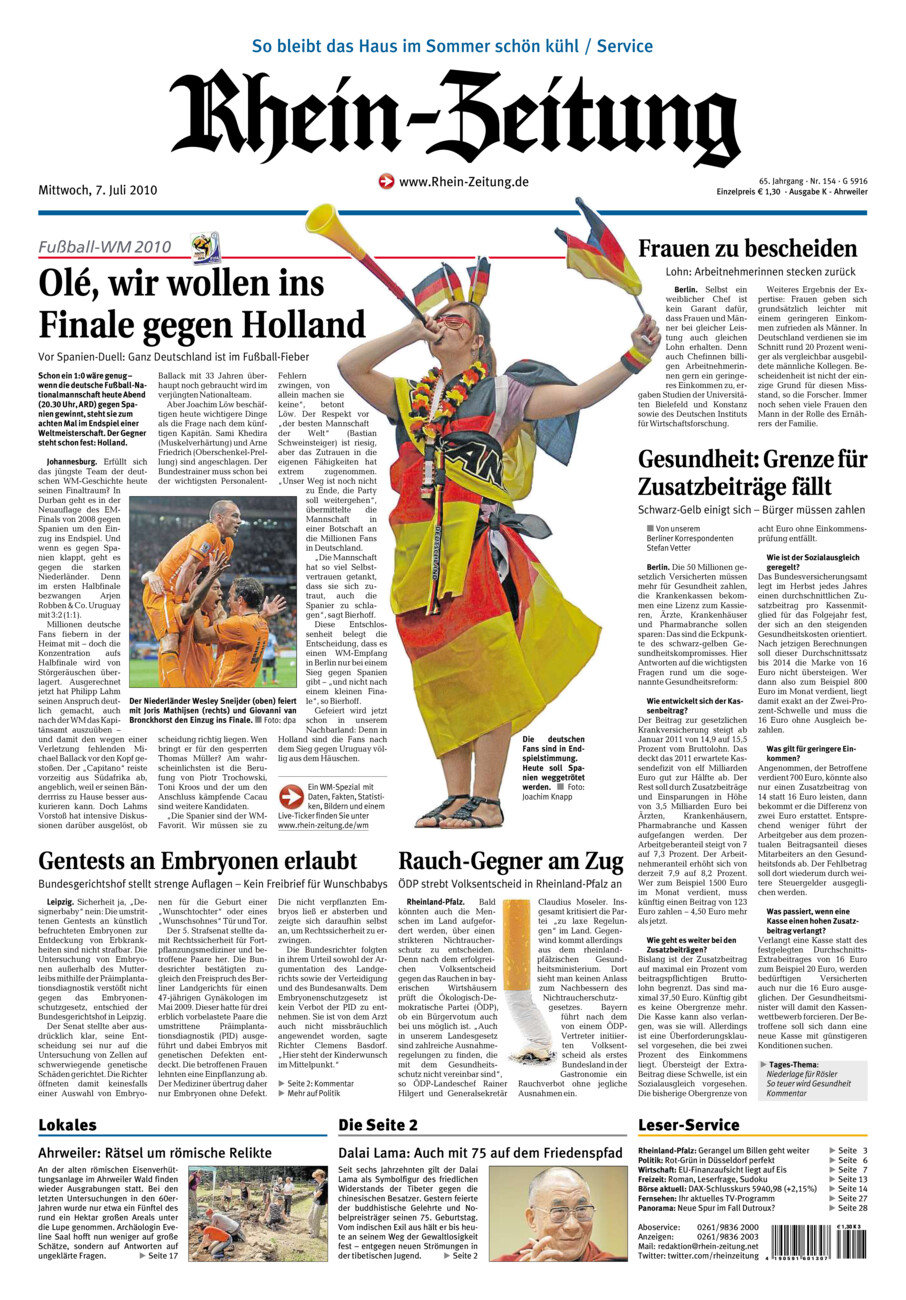 Rhein-Zeitung Kreis Ahrweiler vom Mittwoch, 07.07.2010
