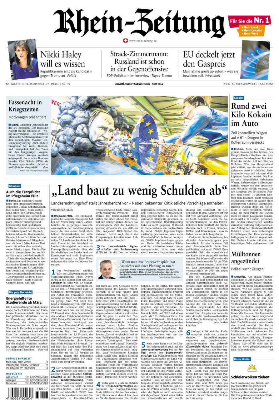 Rhein-Zeitung Kreis Ahrweiler vom Mittwoch, 15.02.2023