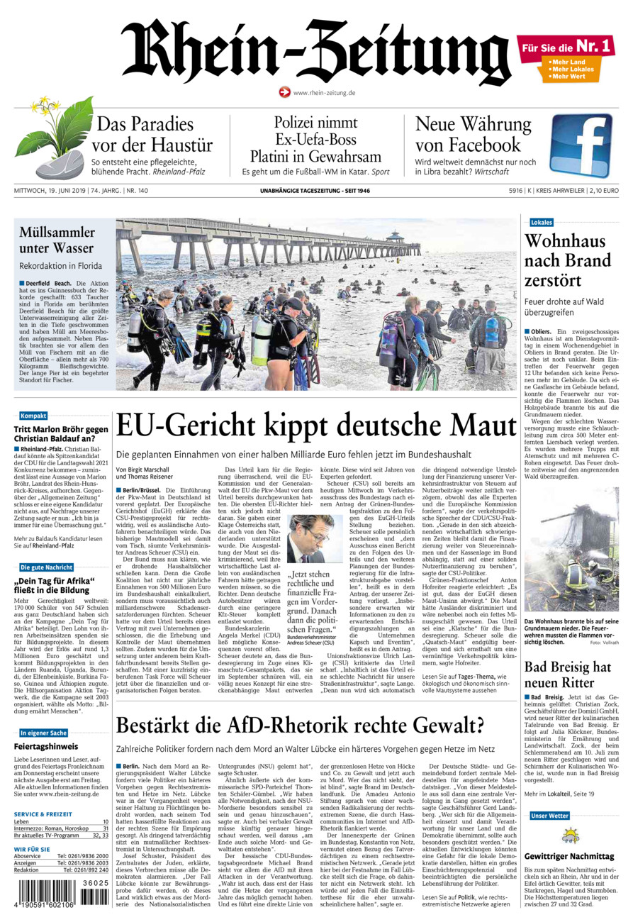 Rhein-Zeitung Kreis Ahrweiler vom Mittwoch, 19.06.2019