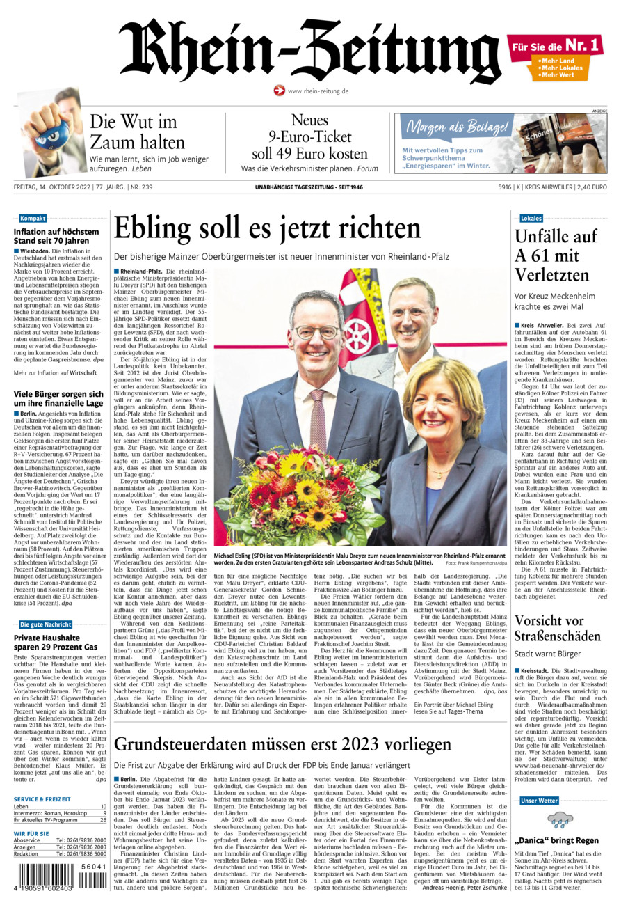 Rhein-Zeitung Kreis Ahrweiler vom Freitag, 14.10.2022