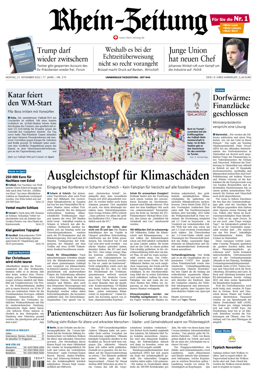 Rhein-Zeitung Kreis Ahrweiler vom Montag, 21.11.2022
