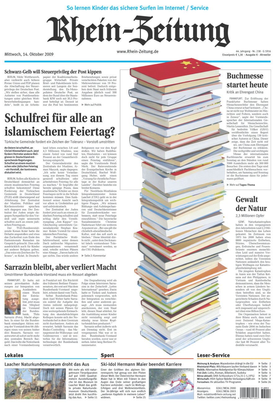 Rhein-Zeitung Kreis Ahrweiler vom Mittwoch, 14.10.2009