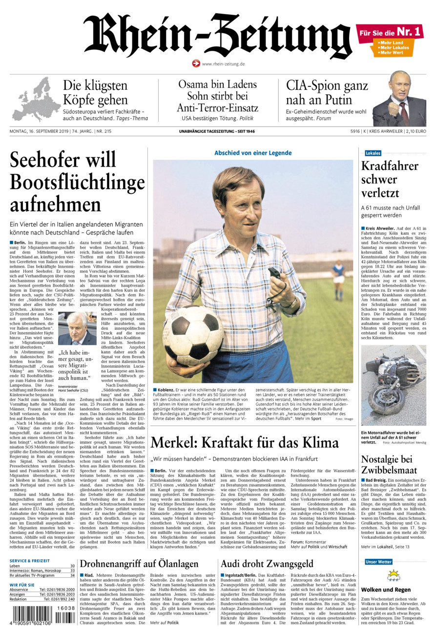 Rhein-Zeitung Kreis Ahrweiler vom Montag, 16.09.2019