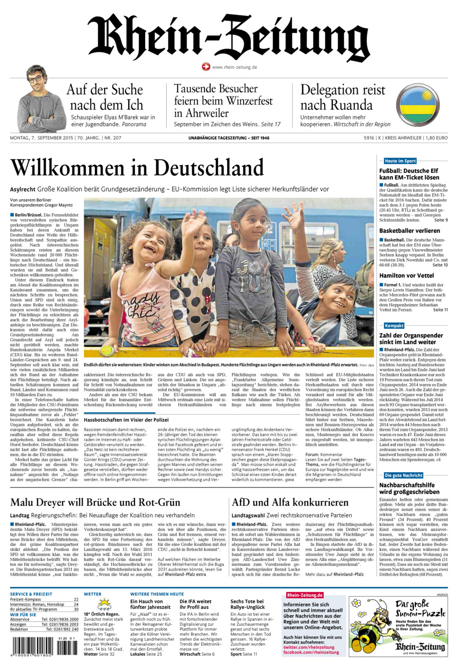 Rhein-Zeitung Kreis Ahrweiler vom Montag, 07.09.2015