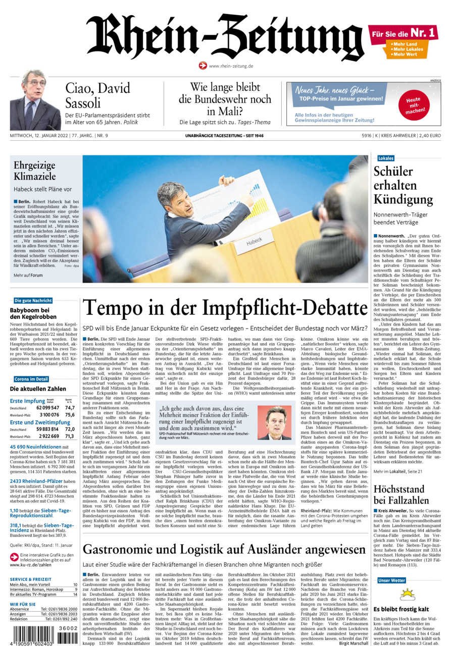 Rhein-Zeitung Kreis Ahrweiler vom Mittwoch, 12.01.2022