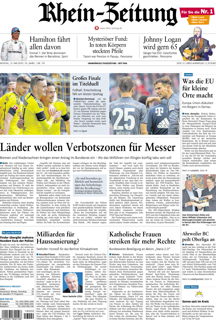 Rhein-Zeitung Kreis Ahrweiler vom Montag, 13.05.2019