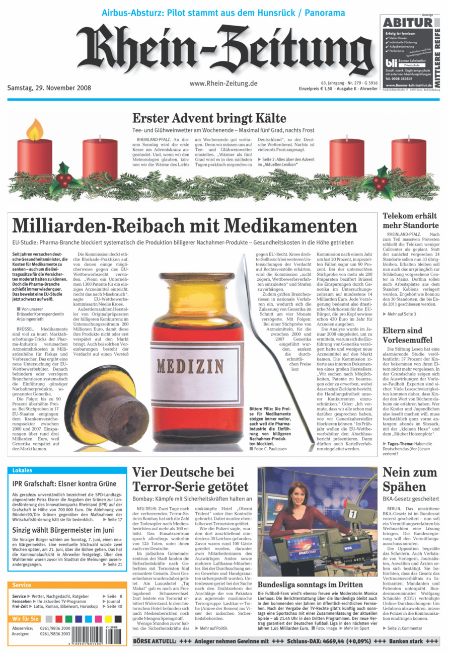 Rhein-Zeitung Kreis Ahrweiler vom Samstag, 29.11.2008