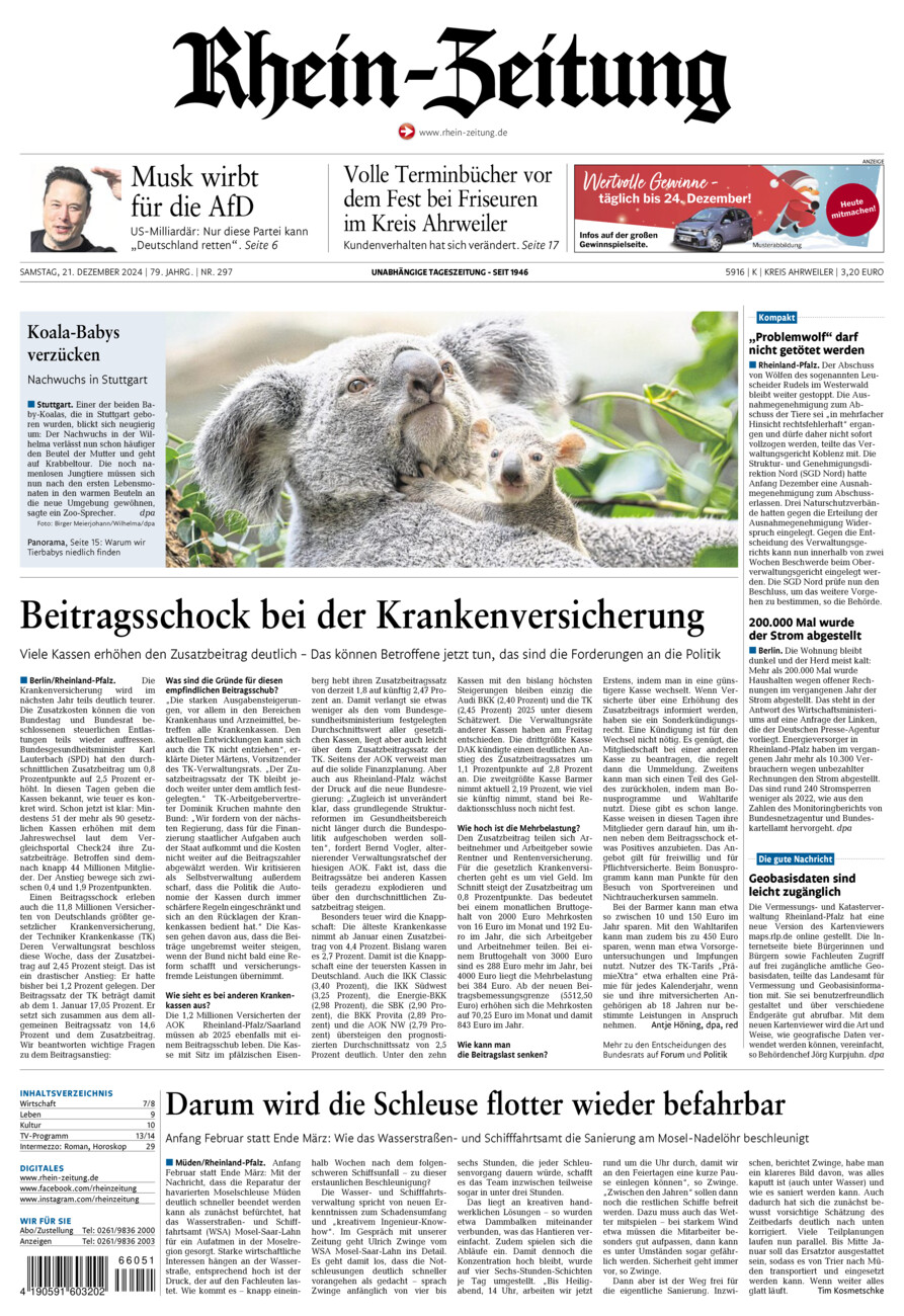 Rhein-Zeitung Kreis Ahrweiler vom Samstag, 21.12.2024