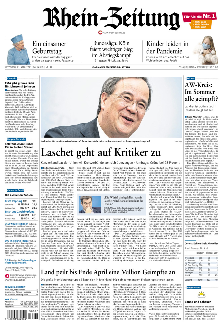 Rhein-Zeitung Kreis Ahrweiler vom Mittwoch, 21.04.2021