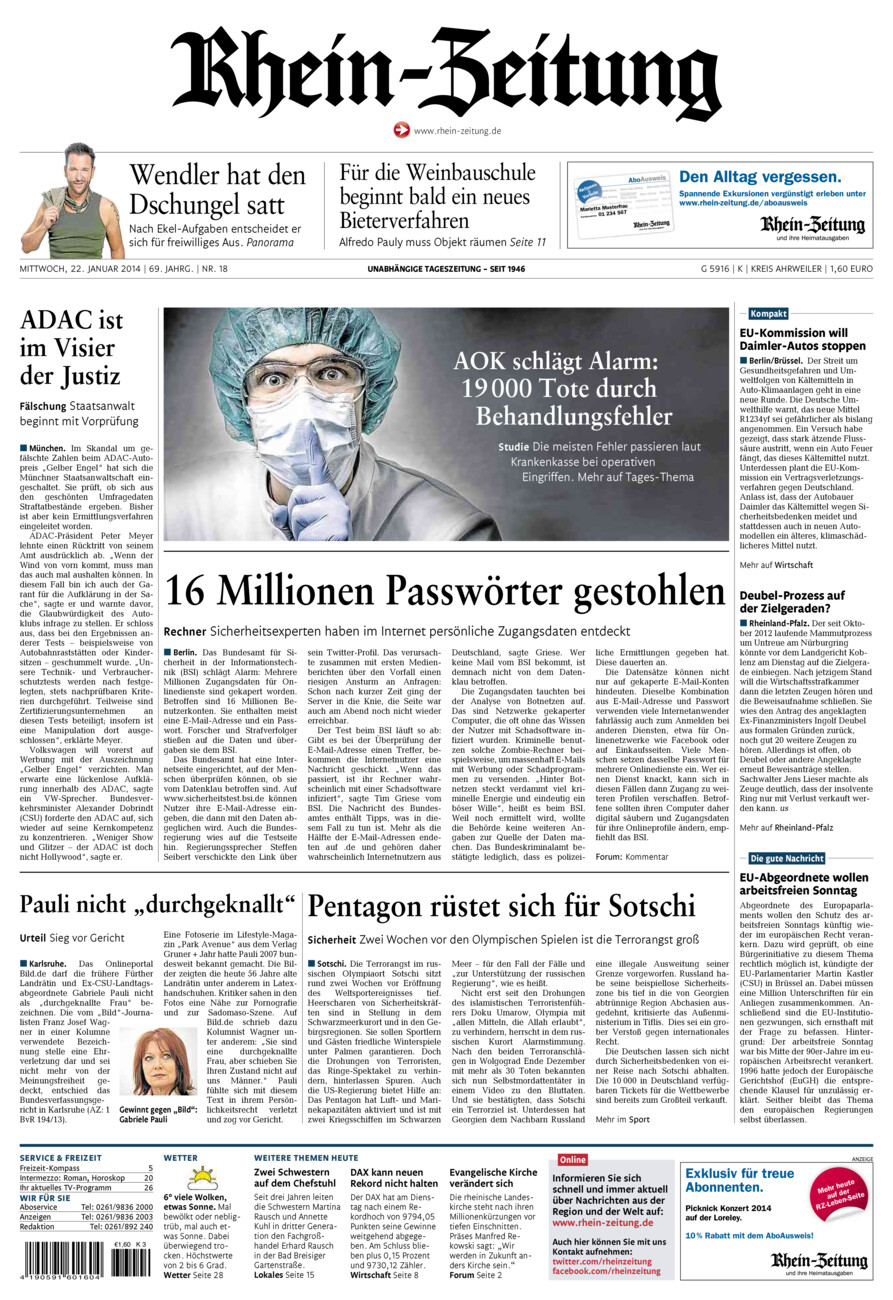 Rhein-Zeitung Kreis Ahrweiler vom Mittwoch, 22.01.2014