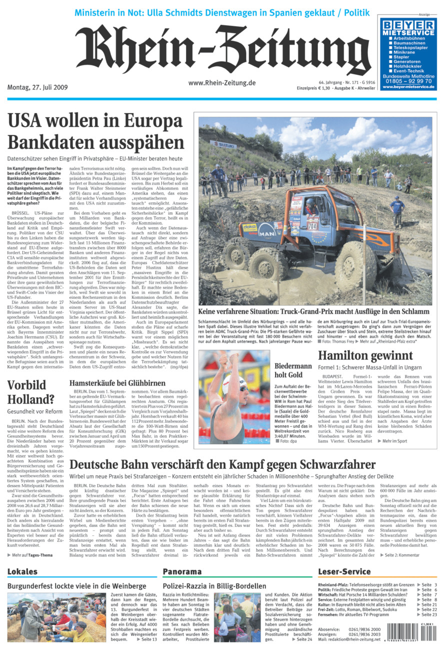 Rhein-Zeitung Kreis Ahrweiler vom Montag, 27.07.2009