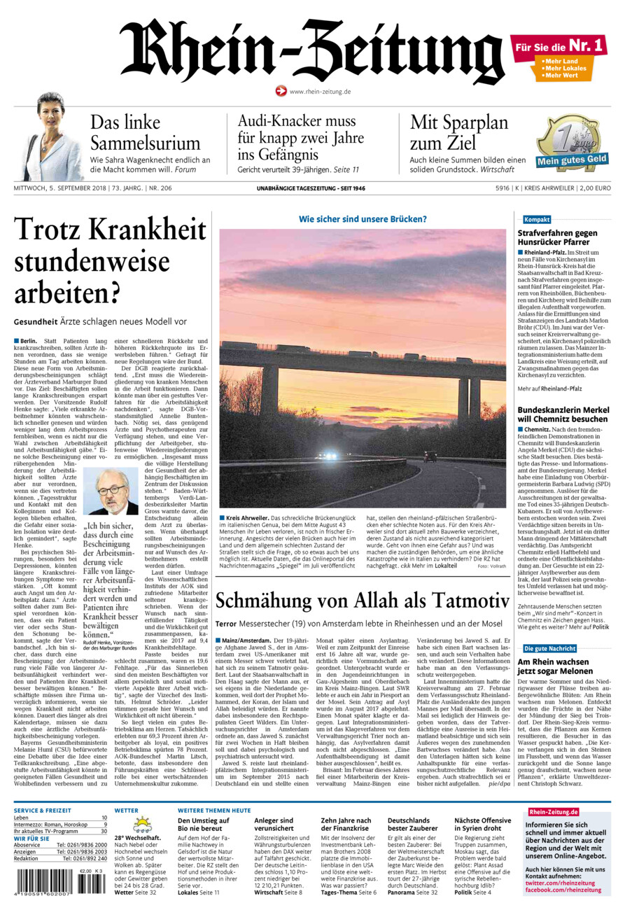 Rhein-Zeitung Kreis Ahrweiler vom Mittwoch, 05.09.2018