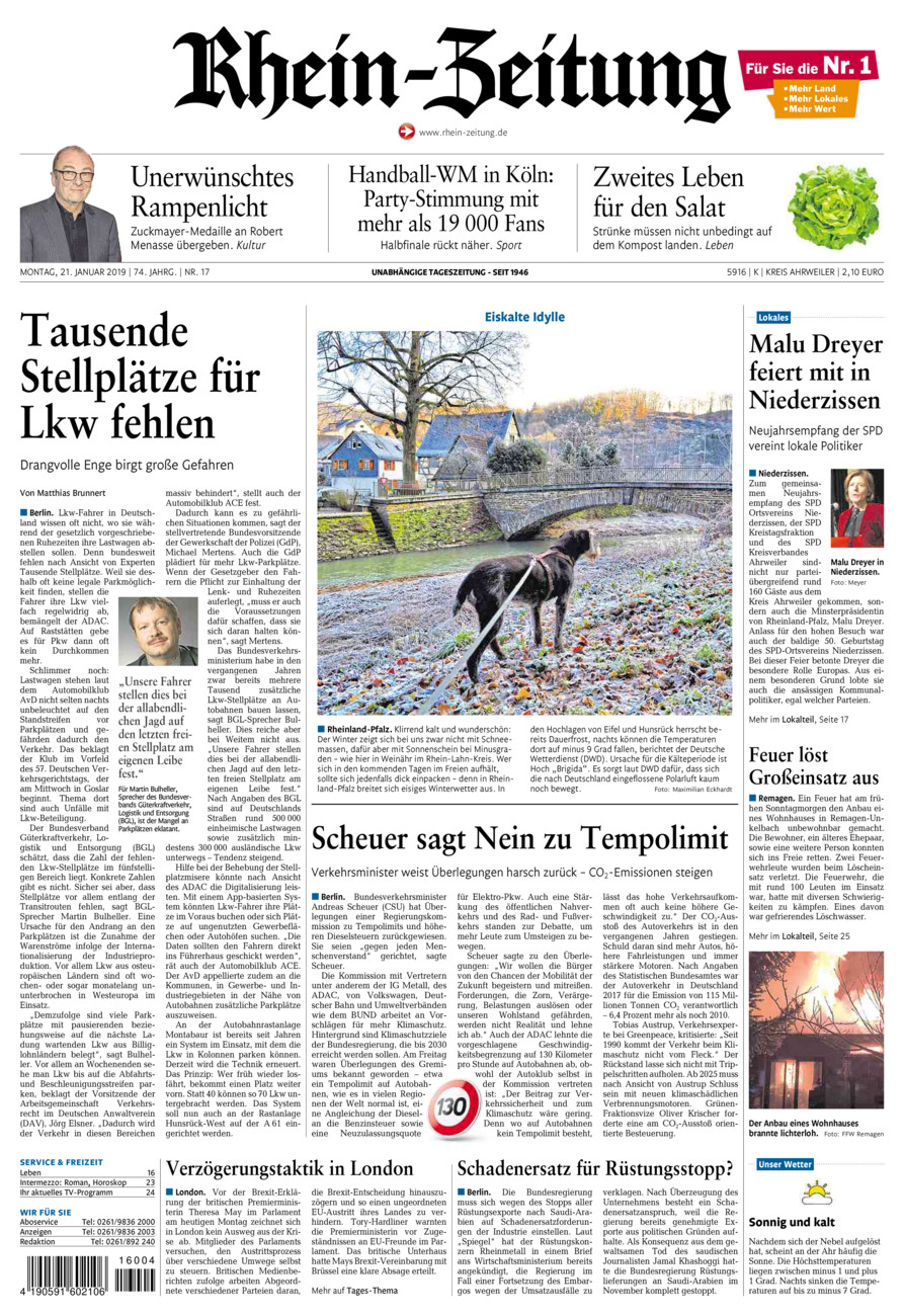 Rhein-Zeitung Kreis Ahrweiler vom Montag, 21.01.2019