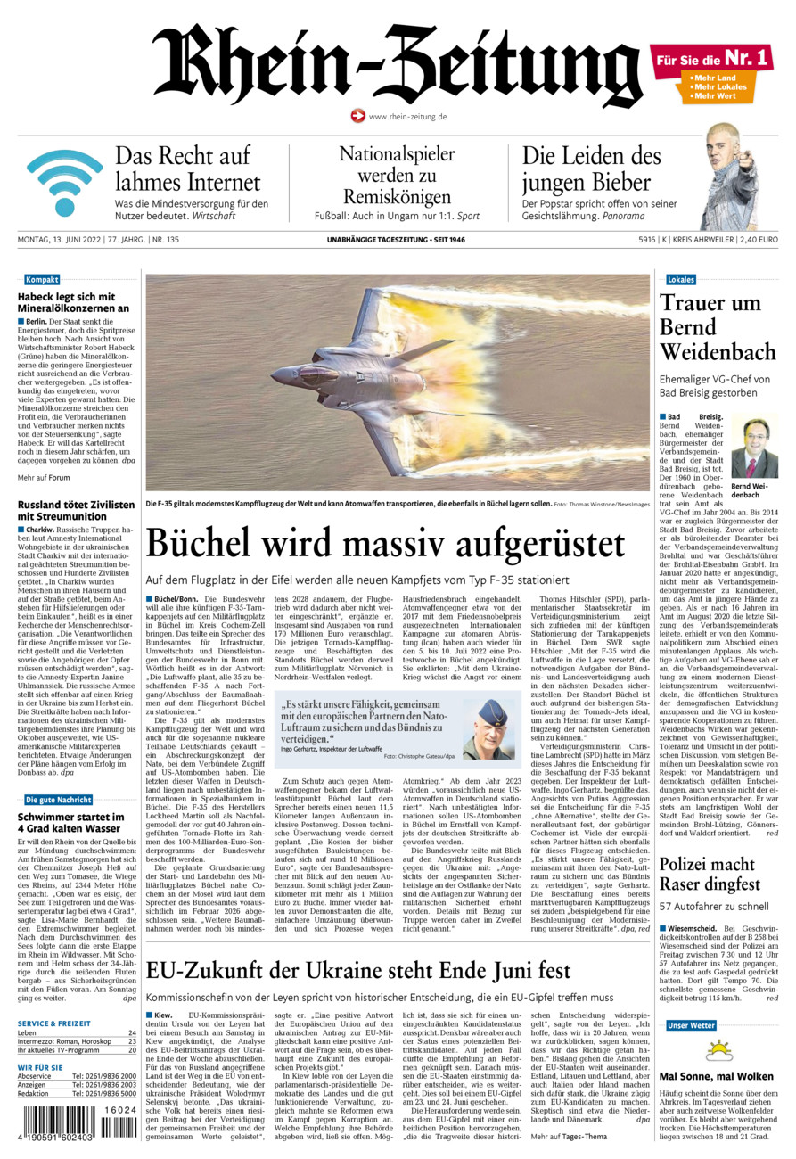 Rhein-Zeitung Kreis Ahrweiler vom Montag, 13.06.2022