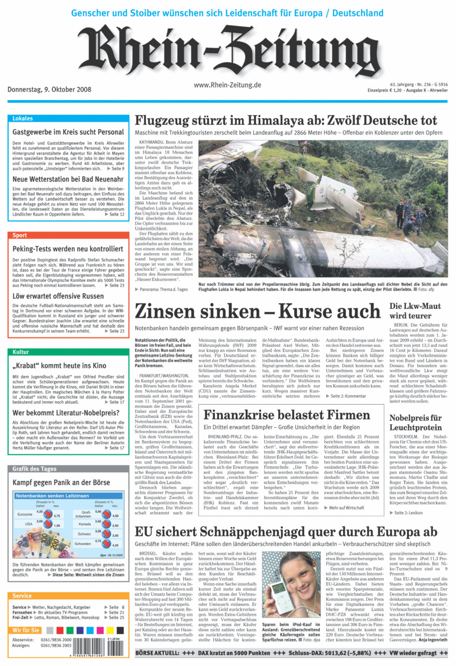 Rhein-Zeitung Kreis Ahrweiler vom Donnerstag, 09.10.2008