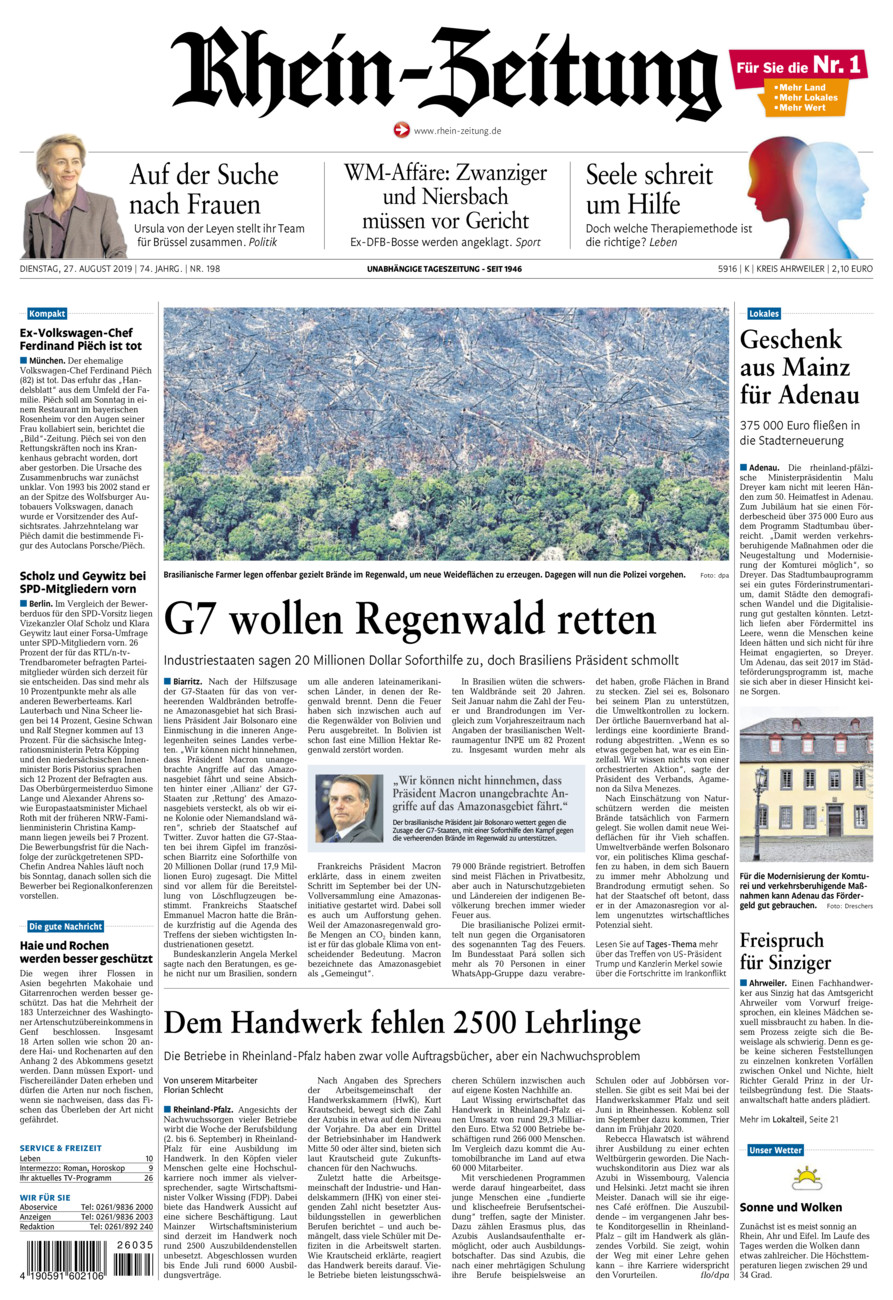 Rhein-Zeitung Kreis Ahrweiler vom Dienstag, 27.08.2019