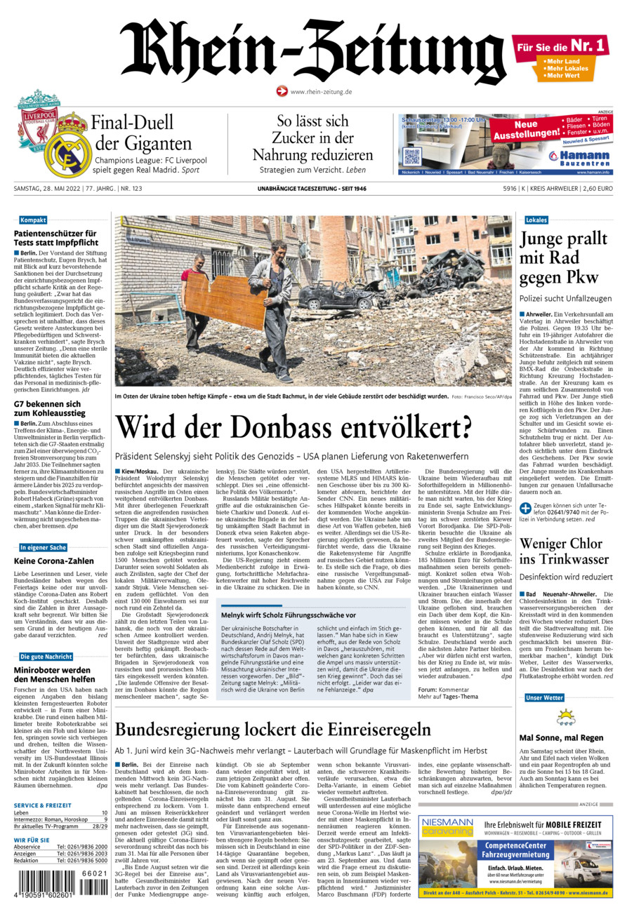 Rhein-Zeitung Kreis Ahrweiler vom Samstag, 28.05.2022