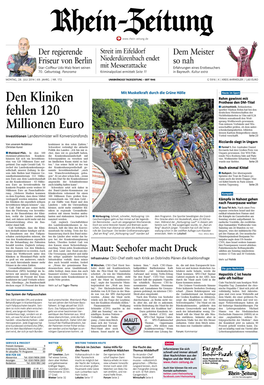 Rhein-Zeitung Kreis Ahrweiler vom Montag, 28.07.2014