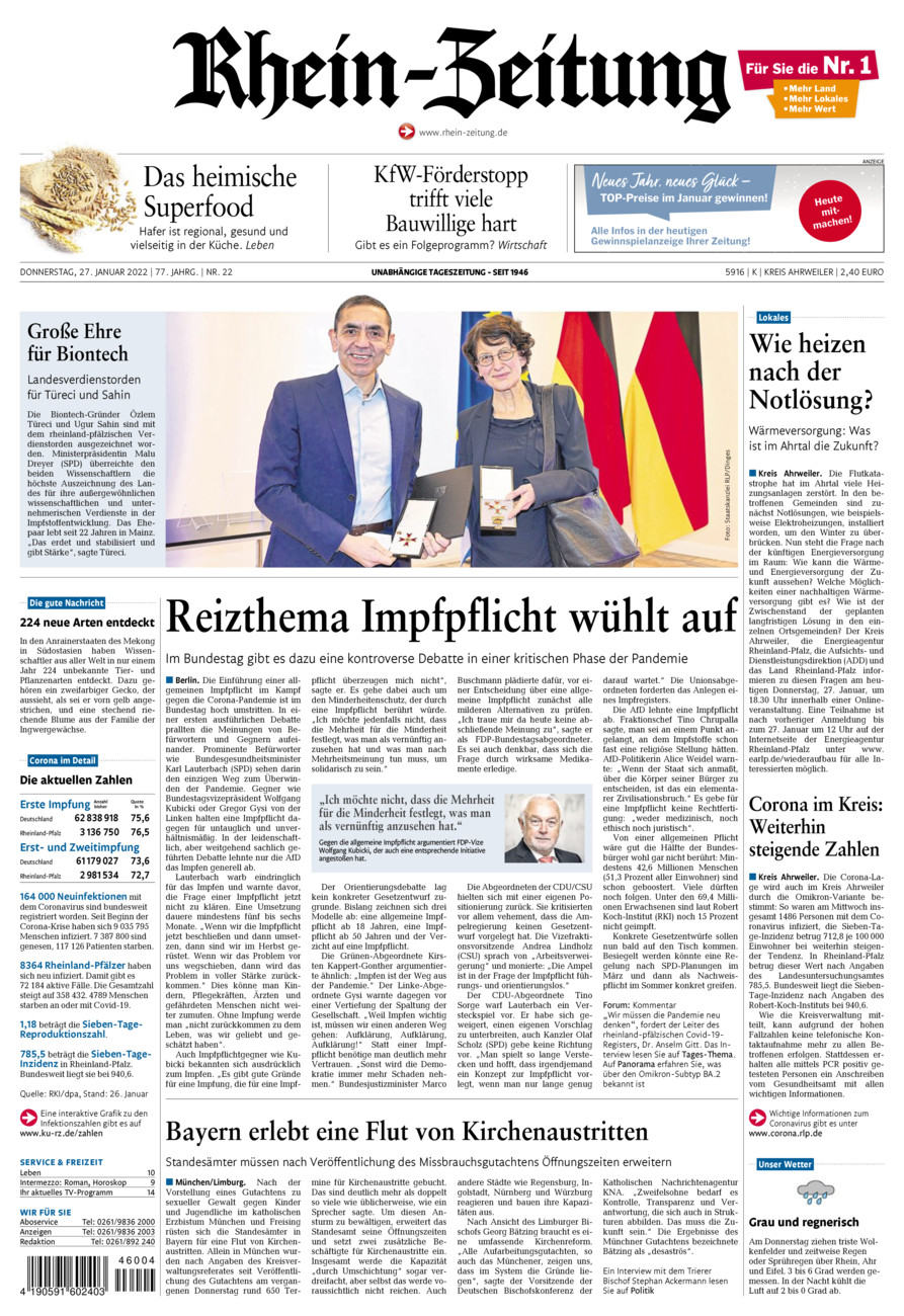 Rhein-Zeitung Kreis Ahrweiler vom Donnerstag, 27.01.2022