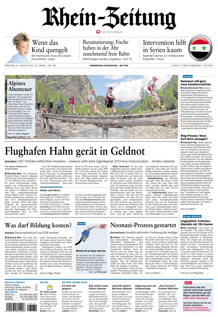 Rhein-Zeitung Kreis Ahrweiler vom Dienstag, 21.08.2012